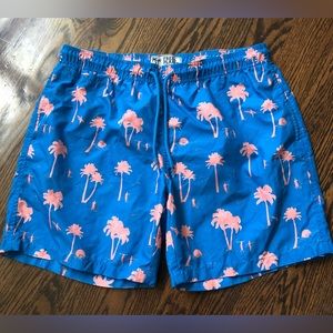 Free Planet Mens Medium 36" Waist Swim Trunks Board Shorts Blue With Palm Trees